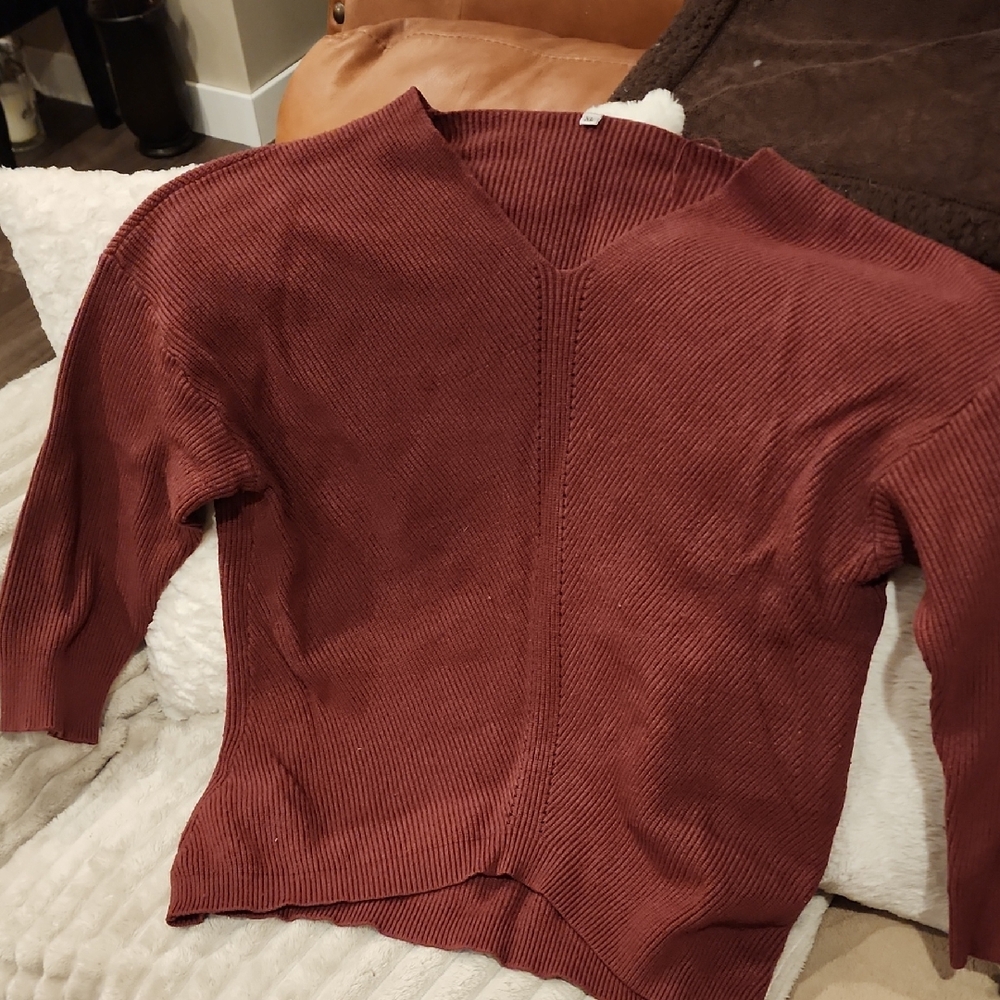 Rust V-Neck Ribbed Sweater